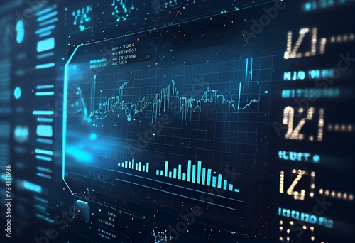 Concept of stock market and fintech forex concept. Blurry blue digital charts over dark blue background. Futuristic financial interface. 3d render illustration. Generative AI