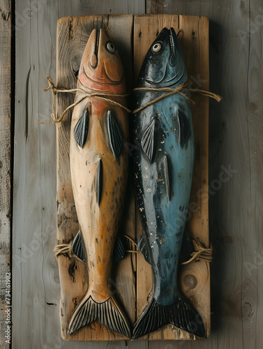 two wooden fish that are tied on a wooden board, restaurant, artwork, light indigo and dark brown, raw and unpolished, caninecore, wrapped, rusticcore, solapunk photo