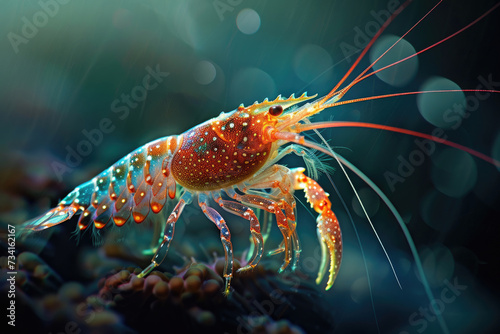 A vibrant deep-sea shrimp exploring the ocean floor © Veniamin Kraskov