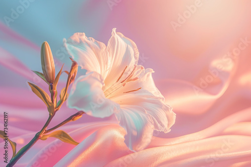 dreamy, ethereal scene of delicate pastel pink flowers with soft pink purple hues, abstract petals in spring for spring background or fantasy garden, Y2K vibe studio photography