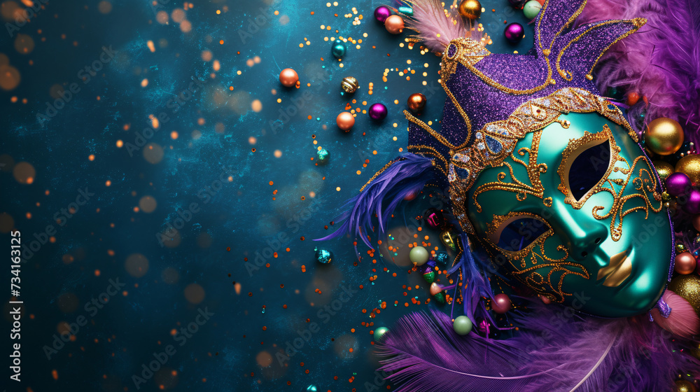 A Flat Background Bursting with Color, Masks, Beads, and Ample Copy Space, Setting the Stage for Festive Celebrations.