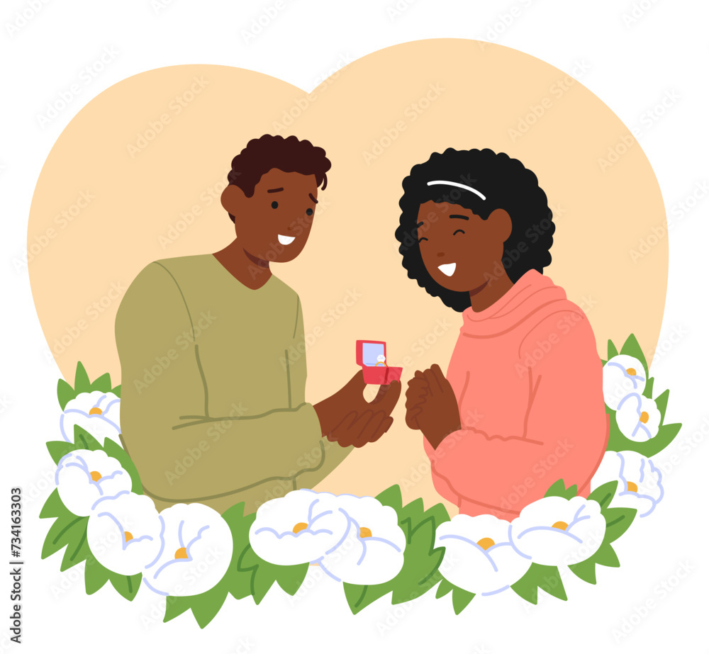 Obraz premium Black Man Tenderly Offers A Radiant Engagement Ring With Trembling Hands To Happy Woman Inside Of Blooming Floral Frame
