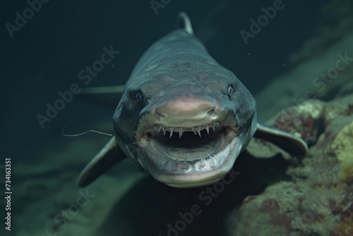 A mesmerizing close-up of a deepwater goblin shark in its natural habitat