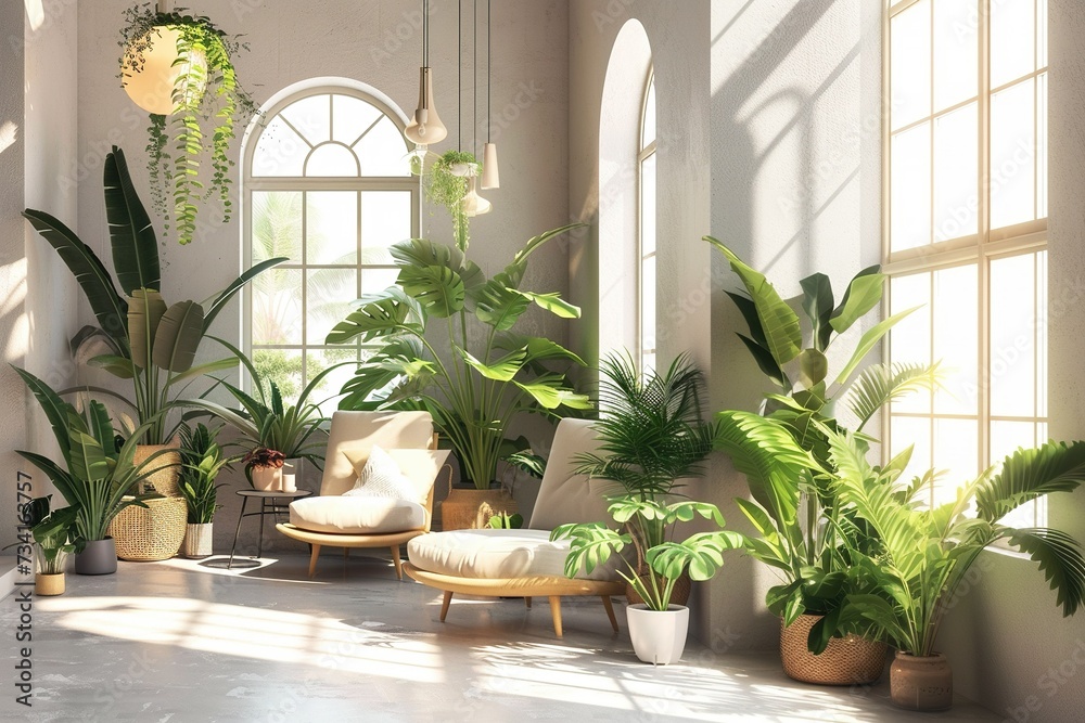 Living room with green plants. Garden room for rest.