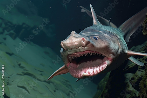 A breathtaking underwater encounter with a goblin shark in its deep-sea realm