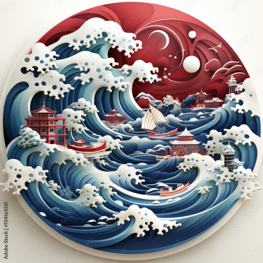 Three-Dimensional Japanese Tsunami and Red Sun Artwork

