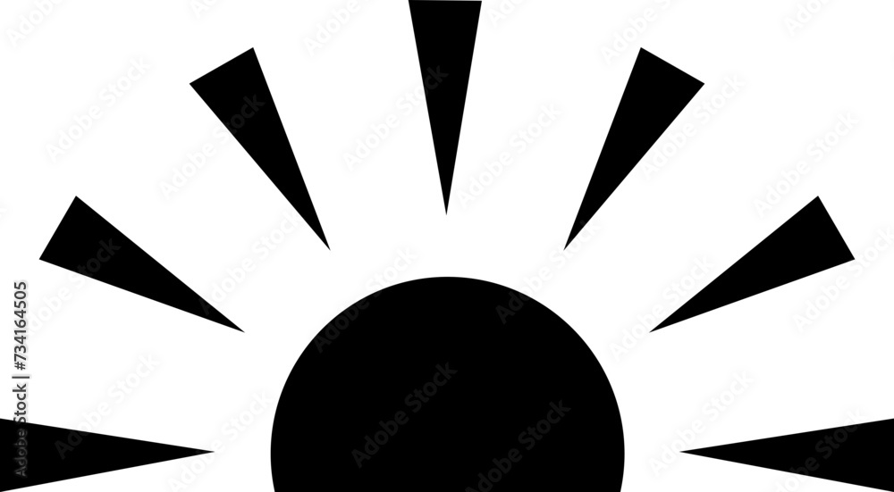 Black sun flat icon, sunshine and solar glow sunrise or sunset. Decorative half circle sun and sunlight. Hot solar energy for tan. Vector isolated on transparent background. Hand drawn symbol. - obrazy, fototapety, plakaty 