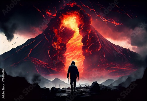 Dramatic natural disaster illustration - the eruption of mount Vesuvius in ancient Italy. Silhouette of person` escaping ash, smoke and lava in a deadly catastrophe. Pompeii deadly. Generative AI photo