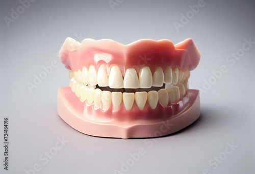 Dentures on a white background. Close-up of dentures. Full removable plastic denture of the jaws. Prosthetic dentistry. False teeth. Close-up of plastic denture teeth isolate no fond. Generative AI