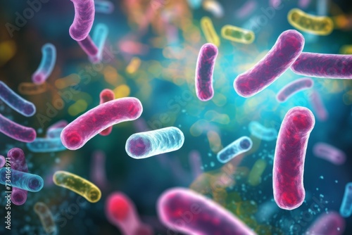 3D render of tiny bacteria and therapeutic organisms including lactobacillus and salmonella, a macro shot of oral bacteria when viewed under a microscope © Nikodem