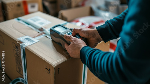 a person in a blue work shirt is using a handheld barcode scanner on a package in a warehouse environment, suggesting activities related to inventory management or logistics. photo
