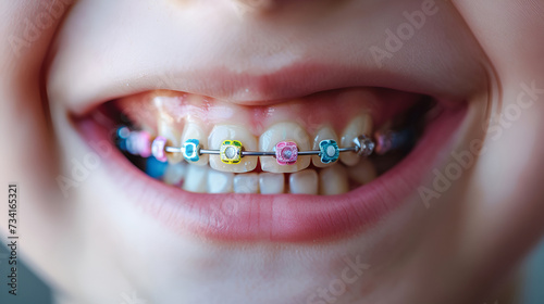 Close-up of the smile of a teenage girl with bright multi-colored shiny braces on healthy white teeth. Children's dentistry concept.