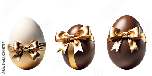Conjunto de ovos de chocolate com fita dourada ao redor. Ovos de páscoa com laço de ouro em volta. photo