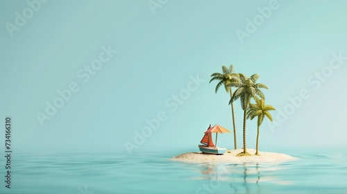Secluded beach - miniature toy island with palm trees, sun umbrella, and sailboat on light blue background