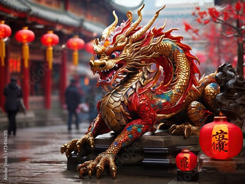 Free Photo Chinese dragon statue and red flower in chinese temple 3d illustration