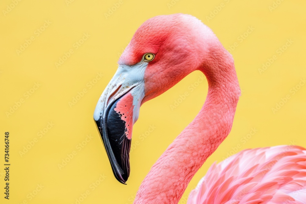 Obraz premium pink flamingo in yellow background closeup
