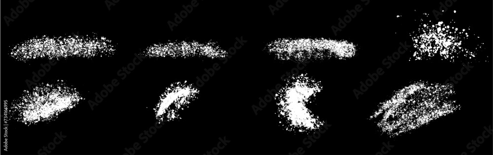 Set of vector white ink brush strokes on black background. White paint, ink brush strokes, lines.Grunge splatter, dirt stain, brush with drops blots Set of vector white ink brush strokes on black background. White paint, ink brush strokes, lines.Grunge splatter, dirt stain, brush with drops blots
