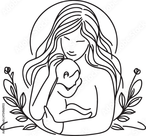 Mom holds newborn baby one lineart, motherhood concept illustration vector