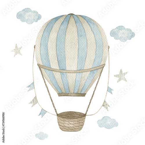 Poster with watercolor hot air balloon. Hand painted vintage isolated illustration on white background.