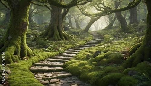 scene of a moss-covered stone path winding through a fairy-tale forest with trees arching overhead, creating a natural cathedral.