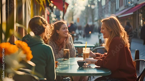 Women chatting and gossiping a coffee house's terrace and drinking coffee photo