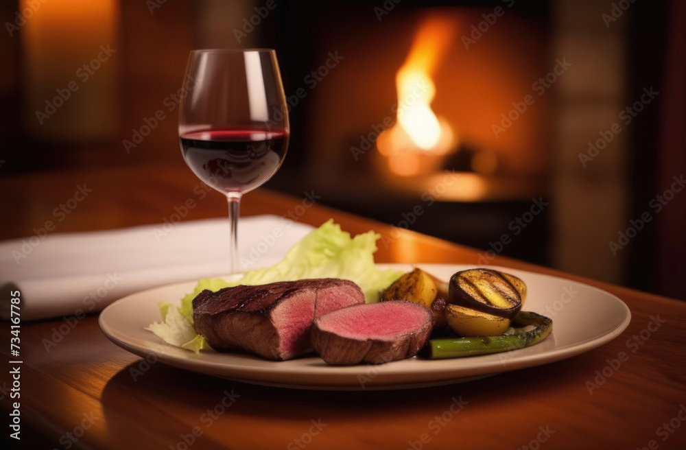 Glass of red wine and steak with vegetables on white plate, beautiful serving, evening light in the restaurant Glass of red wine and steak with vegetables on white plate, beautiful serving, evening light in the restaurant