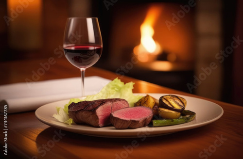 Glass of red wine and steak with vegetables on white plate, beautiful serving, evening light in the restaurant