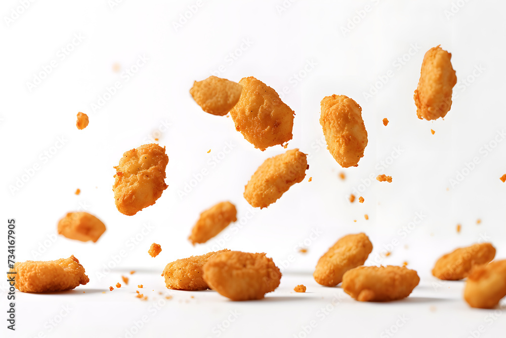 Fried nuggets chicken with crumbs falling in the air isolated on white background Fried nuggets chicken with crumbs falling in the air isolated on white background