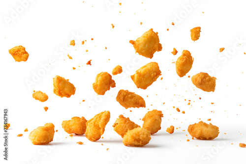 Fried nuggets chicken with crumbs falling in the air isolated on white background photo