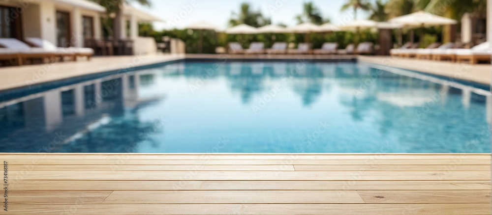 White wooden empty podium, product presentation , visual layout on summer travel hotel swimming pool background. Copy space White wooden empty podium, product presentation , visual layout on summer travel hotel swimming pool background. Copy space