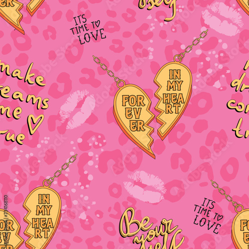 Girls seamless pattern with friendship pendant, chains, calligraphic slogan, hearts,   . background for texylie, graphic tees, kids wear. Wallpaper for teenager girls. Fashion style