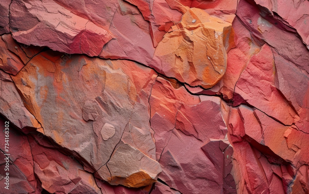 Fototapeta premium Vivid crimson stone texture with deep cracks and a natural mosaic pattern.