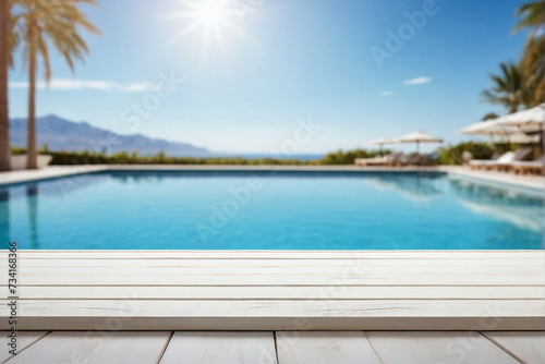 White wooden empty  podium  product presentation   visual layout on summer travel hotel swimming pool background. Copy space