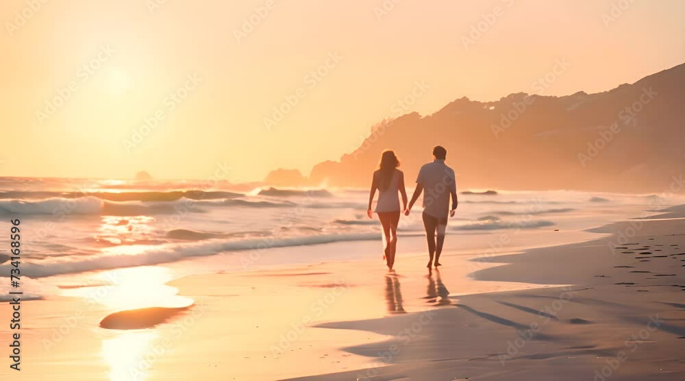 A couple walking in the beach at sunset holding each other hands A couple walking in the beach at sunset holding each other hands