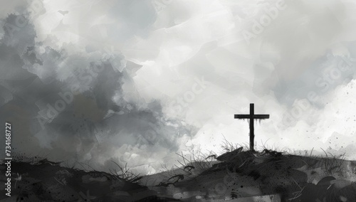 a cross in black and white with a white background on a cloudy day Generative AI