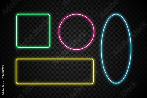Geometric multicolored neon frames collection. Transparent luminous design elements for signboard, casino, nightclub.