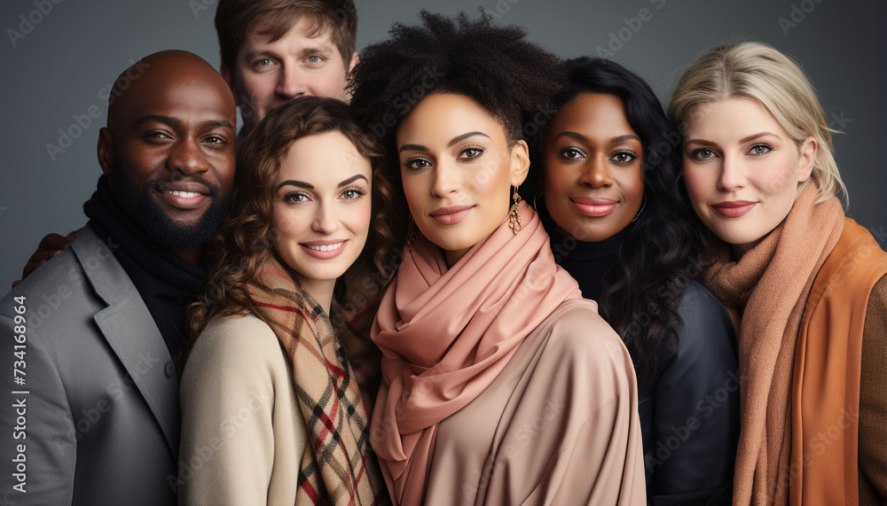 Group of young adults, smiling, looking at camera, radiating happiness generated by AI Group of young adults, smiling, looking at camera, radiating happiness generated by AI