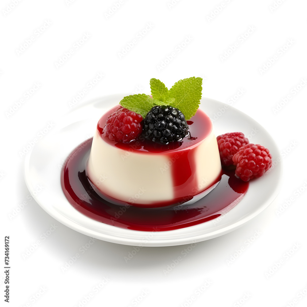 Panna cotta with blackberry, raspberry and mint isolated on white background Panna cotta with blackberry, raspberry and mint isolated on white background