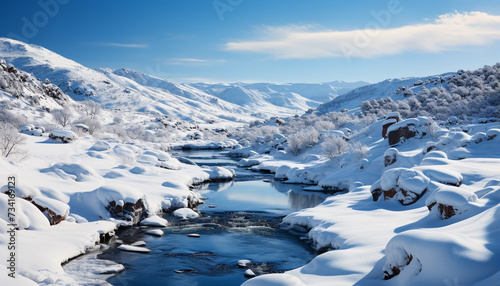 Majestic mountain peak, frozen landscape, tranquil scene, flowing water generated by AI