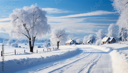 Winter landscape snow covered tree in tranquil forest, frosty blue sky generated by AI