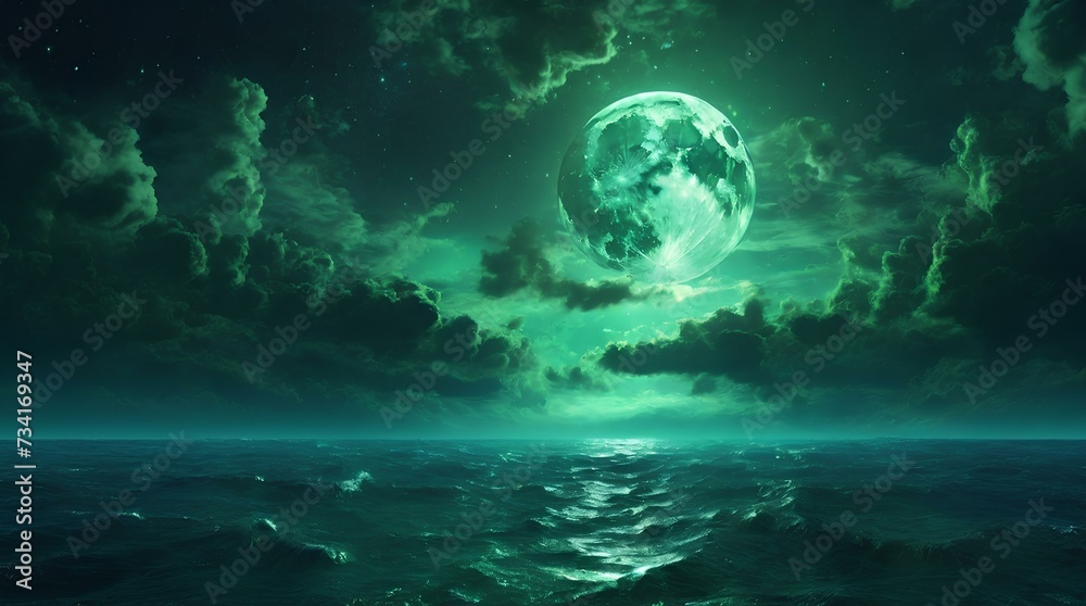 landscape fantasy of a green moon at the night in middle of the sea