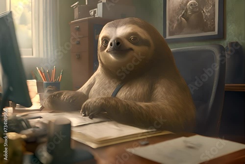 Anthropomorphic sloth is working in the office and writing with its hand  photo