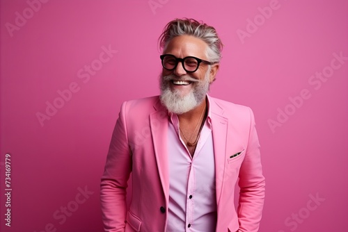 Portrait of a stylish senior man in a pink suit and glasses.