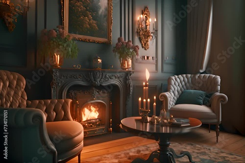 Old money style luxurious living room of a mansion with fireplace where the fire is burning 