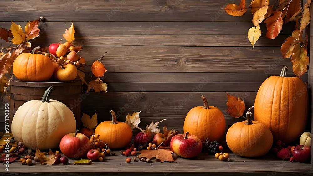 Thanksgiving background: Apples, pumpkins and fallen leaves on wooden background. Copy space for text. Halloween, Thanksgiving day or seasonal
