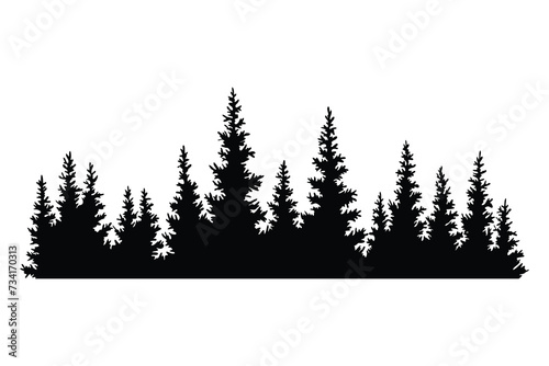 Fir trees silhouette. Coniferous spruce horizontal background pattern, black evergreen woods vector illustration. Beautiful hand drawn panorama of coniferous forest