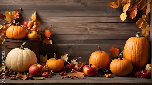 Thanksgiving background: Apples, pumpkins and fallen leaves on wooden background. Copy space for text. Halloween, Thanksgiving day or seasonal