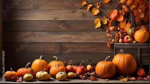 Thanksgiving background: Apples, pumpkins and fallen leaves on wooden background. Copy space for text. Halloween, Thanksgiving day or seasonal