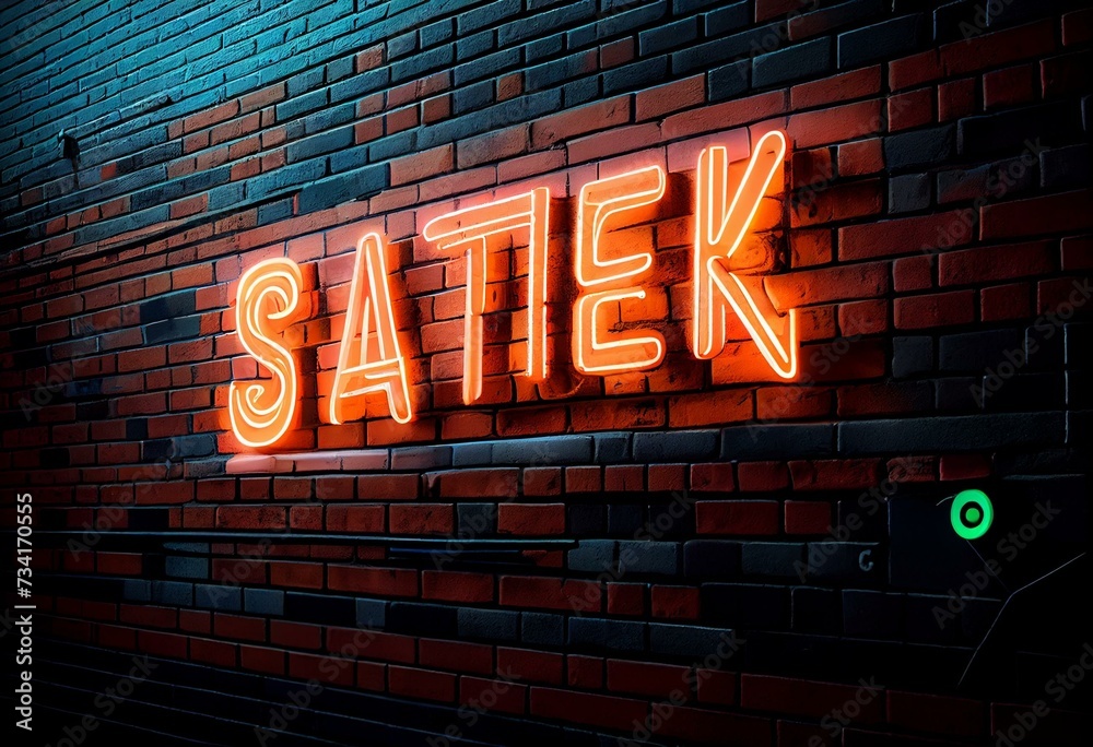 Save neon banner on brick wall background. Generative AI
