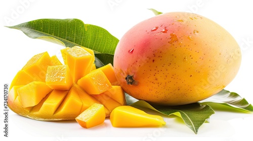 Tropical sweetness - yellow mango and slices, isolated on white background